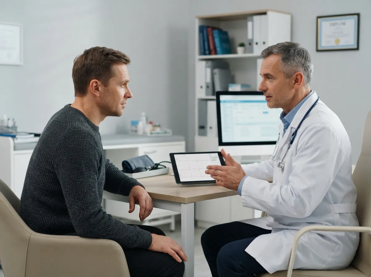 Раскодировка от алкоголя Врач обсуждает результаты обследования с пациентом на приёме